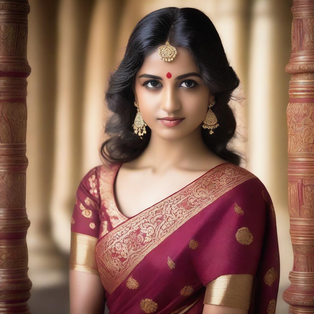 A young Indian woman wearing a traditional saree