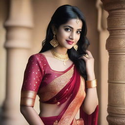 A young Indian woman wearing a traditional saree