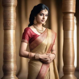 A young Indian woman wearing a traditional saree