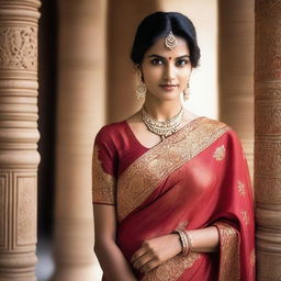 A young Indian woman wearing a traditional saree