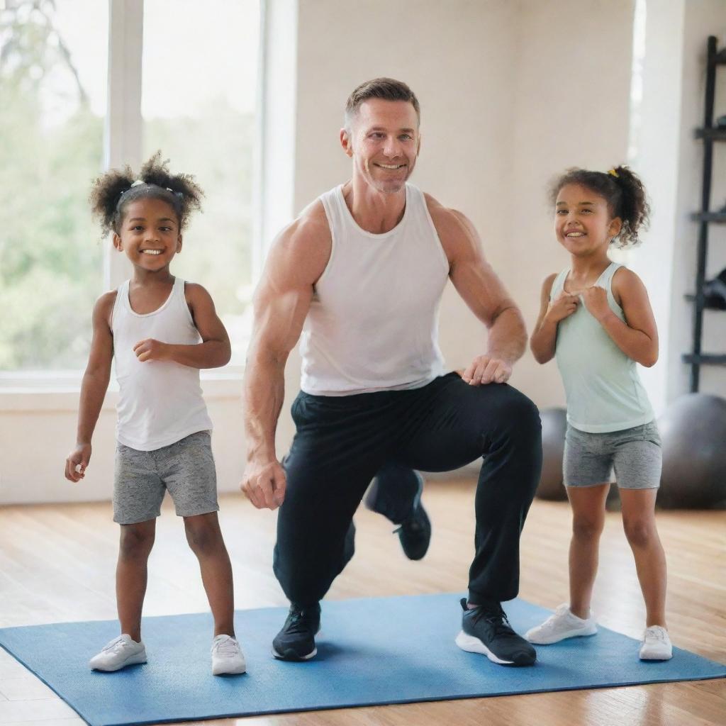 A fit white man working out with his daughter and son in a bright, cheerful setting, suitable as an Instagram cover photo.