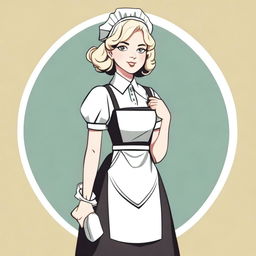 A vector style image of a 1920s maid with blond hair, wearing a traditional maid uniform with a white apron and bonnet