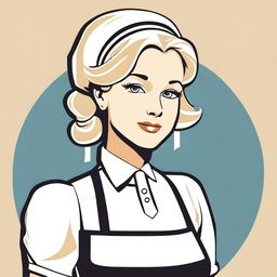 A vector style image of a 1920s maid with blond hair, wearing a traditional maid uniform with a white apron and bonnet