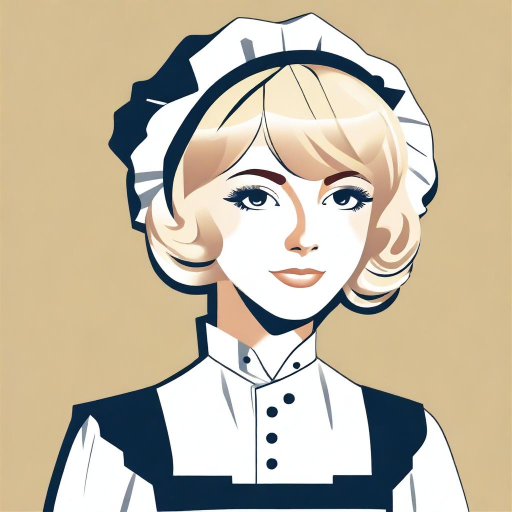 A vector style image of a 1920s maid with blond hair, wearing a traditional maid uniform with a white apron and bonnet