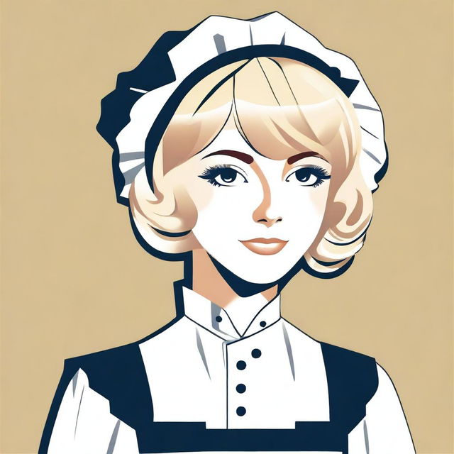 A vector style image of a 1920s maid with blond hair, wearing a traditional maid uniform with a white apron and bonnet