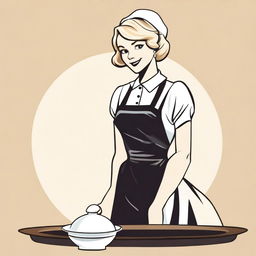 A vector style image of a 1920s maid with blond hair, wearing a traditional maid uniform with a white apron and bonnet