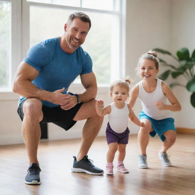 A fit white man working out with his daughter and son in a bright, cheerful setting, suitable as an Instagram cover photo.