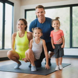 A fit white man working out with his daughter and son in a bright, cheerful setting, suitable as an Instagram cover photo.