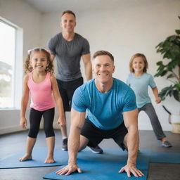 A fit white man working out with his daughter and son in a bright, cheerful setting, suitable as an Instagram cover photo.