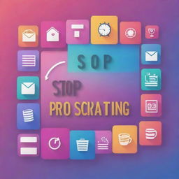 A motivational poster showcasing the phrase 'Stop Procrastinating' in bold, captivating text on a gradient background filled with productivity icons.