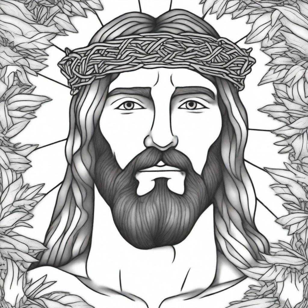 A detailed adult coloring page featuring Jesus Christ wearing a crown of thorns