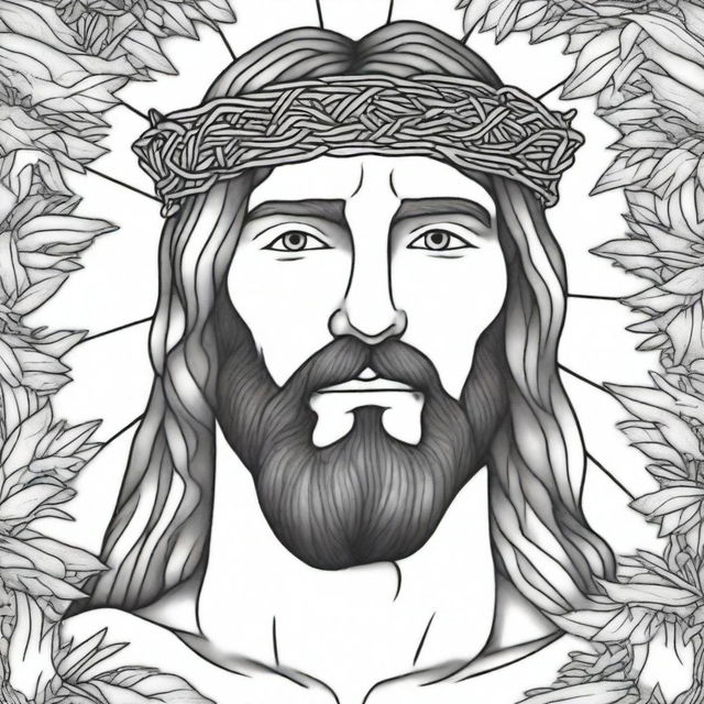 A detailed adult coloring page featuring Jesus Christ wearing a crown of thorns