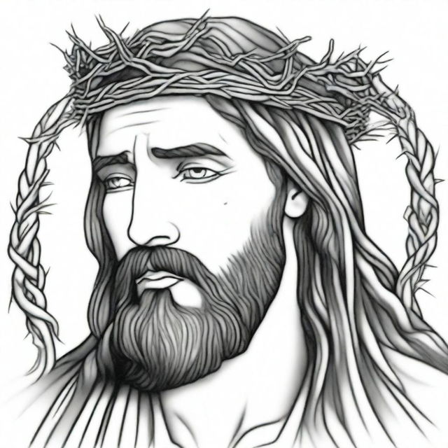 A realistic adult coloring page featuring Jesus Christ wearing a crown of thorns