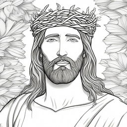 A realistic adult coloring page featuring Jesus Christ wearing a crown of thorns