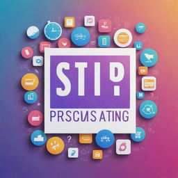 A motivational poster showcasing the phrase 'Stop Procrastinating' in bold, captivating text on a gradient background filled with productivity icons.