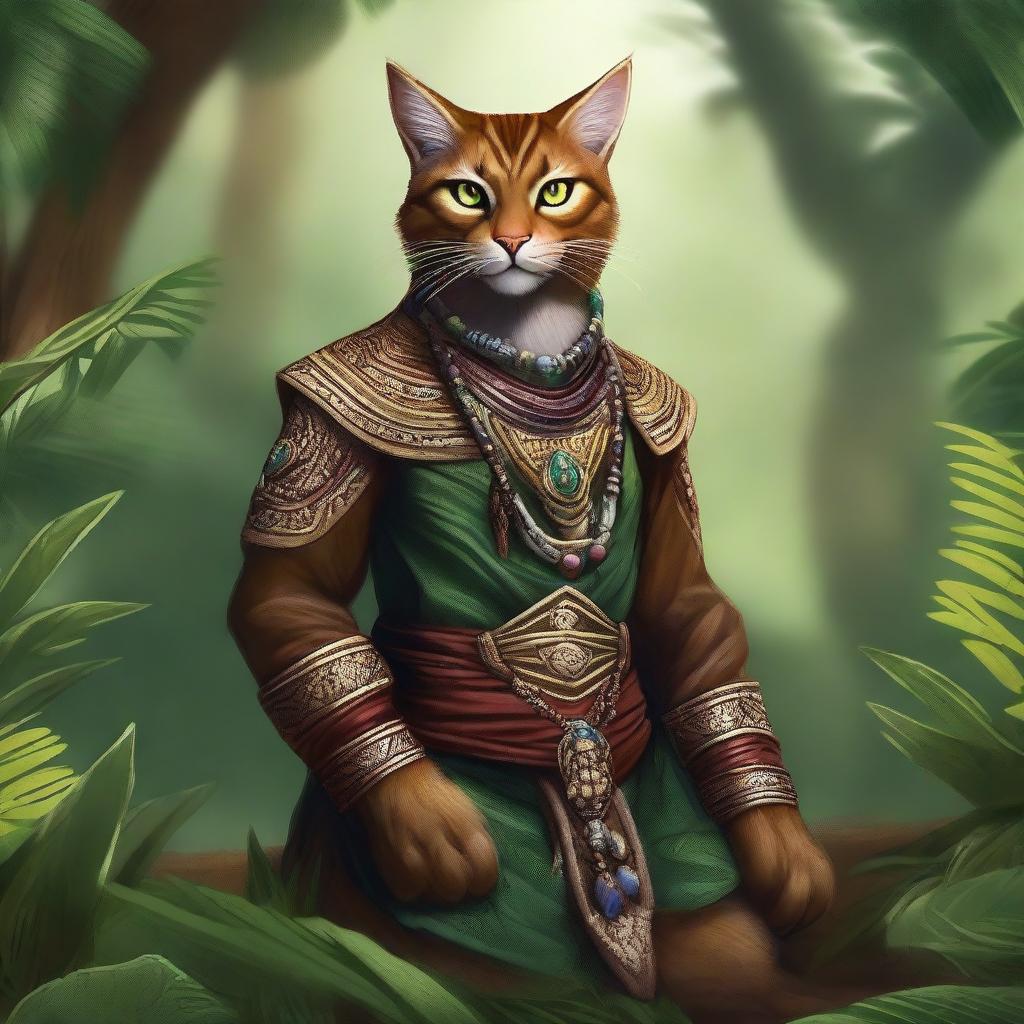 A detailed illustration of a Tabaxi, a feline humanoid from fantasy settings