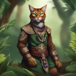 A detailed illustration of a Tabaxi, a feline humanoid from fantasy settings