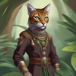 A detailed illustration of a Tabaxi, a feline humanoid from fantasy settings