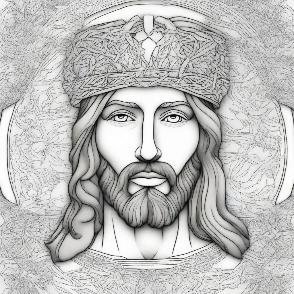 An intricate digital art piece of Jesus Christ wearing a crown of thorns, designed as a coloring book page