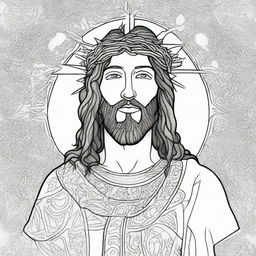 An intricate digital art piece of Jesus Christ wearing a crown of thorns, designed as a coloring book page