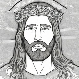 An intricate digital art piece of Jesus Christ wearing a crown of thorns, designed as a coloring book page