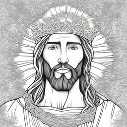 An intricate digital art piece of Jesus Christ wearing a crown of thorns, designed as a coloring book page