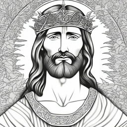 An intricate black and white coloring page of Jesus Christ wearing a crown of thorns