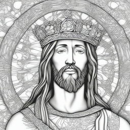 An intricate black and white coloring page of Jesus Christ wearing a crown of thorns