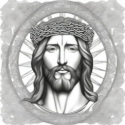 An intricate black and white coloring page of Jesus Christ wearing a crown of thorns