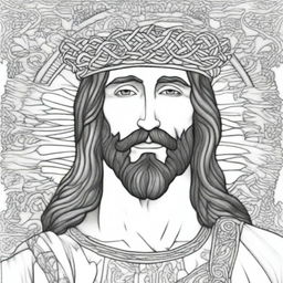 An intricate black and white coloring page of Jesus Christ wearing a crown of thorns