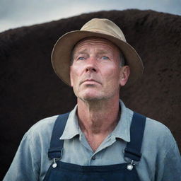 A weary farmer, dressed in traditional overalls and hat, crestfallen and trapped at the bottom of a deep, dark pit, looking upwards towards a tiny speck of sky with a longing expression.