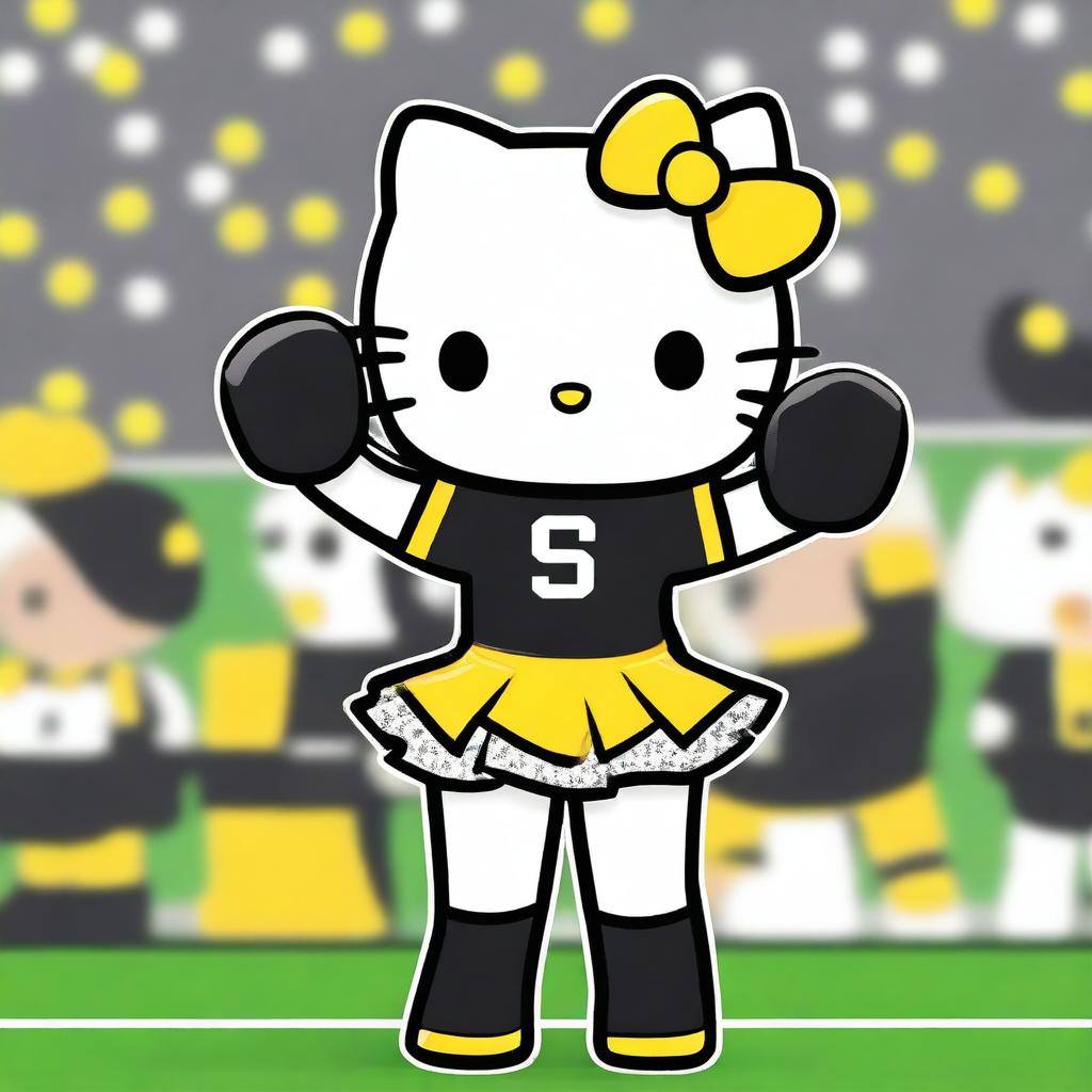 A cute Hello Kitty character dressed as a cheerleader for the Pittsburgh Steelers