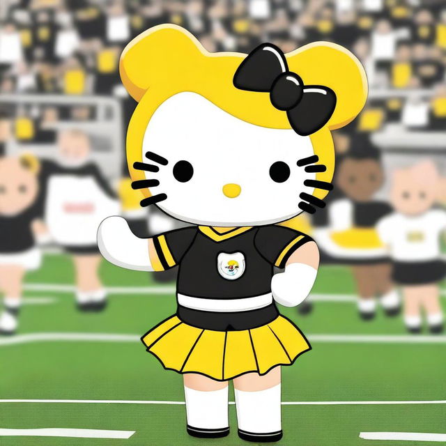 A cute Hello Kitty character dressed as a cheerleader for the Pittsburgh Steelers