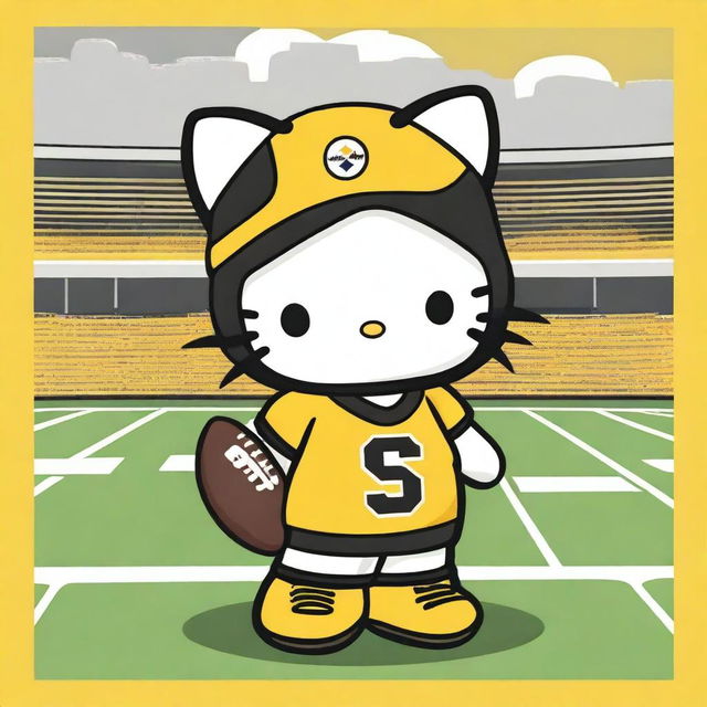 An adorable Hello Kitty character dressed as a Pittsburgh Steelers fan, wearing a Steelers jersey and holding a small flag