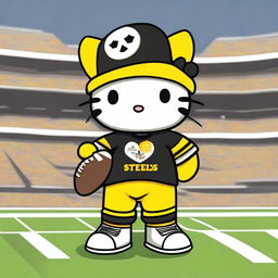 An adorable Hello Kitty character dressed as a Pittsburgh Steelers fan, wearing a Steelers jersey and holding a small flag