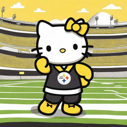 An adorable Hello Kitty character dressed as a Pittsburgh Steelers fan, wearing a Steelers jersey and holding a small flag