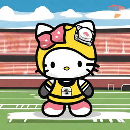 An adorable Hello Kitty character dressed as a Pittsburgh Steelers fan, wearing a Steelers jersey and holding a small flag