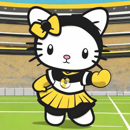 An adorable Hello Kitty character dressed as a Pittsburgh Steelers cheerleader, wearing a Steelers cheerleading outfit and holding pom-poms