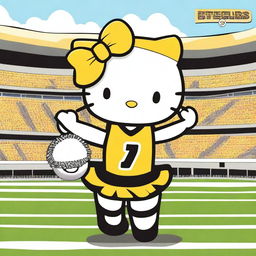 An adorable Hello Kitty character dressed as a Pittsburgh Steelers cheerleader, wearing a Steelers cheerleading outfit and holding pom-poms