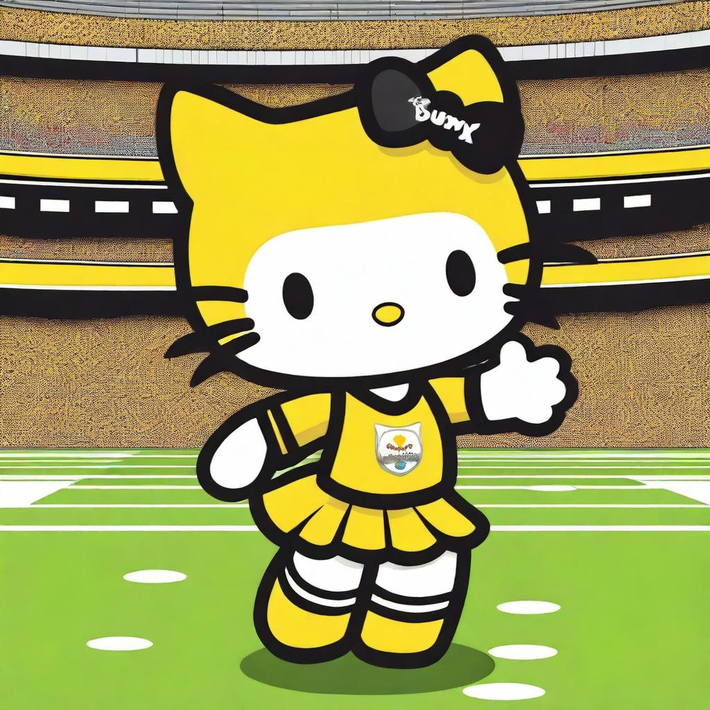 An adorable Hello Kitty character dressed as a Pittsburgh Steelers cheerleader, wearing a Steelers cheerleading outfit and holding pom-poms