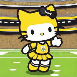 An adorable Hello Kitty character dressed as a Pittsburgh Steelers cheerleader, wearing a Steelers cheerleading outfit and holding pom-poms