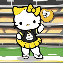 An adorable Hello Kitty character dressed as a Pittsburgh Steelers cheerleader, wearing a Steelers cheerleading outfit and holding pom-poms