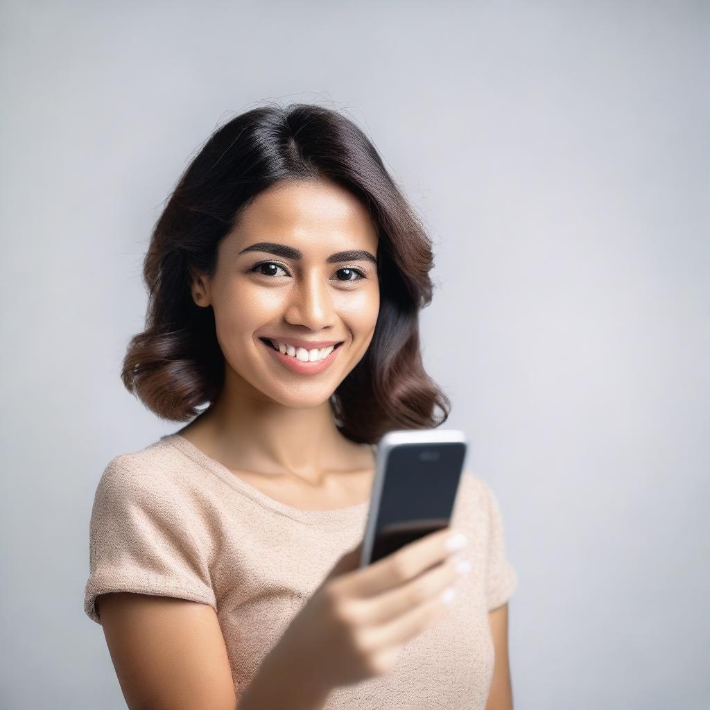 A woman holding a smartphone and showing it to the camera