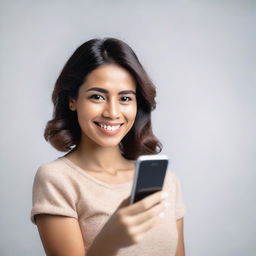 A woman holding a smartphone and showing it to the camera