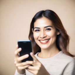 A woman holding a smartphone and showing it to the camera