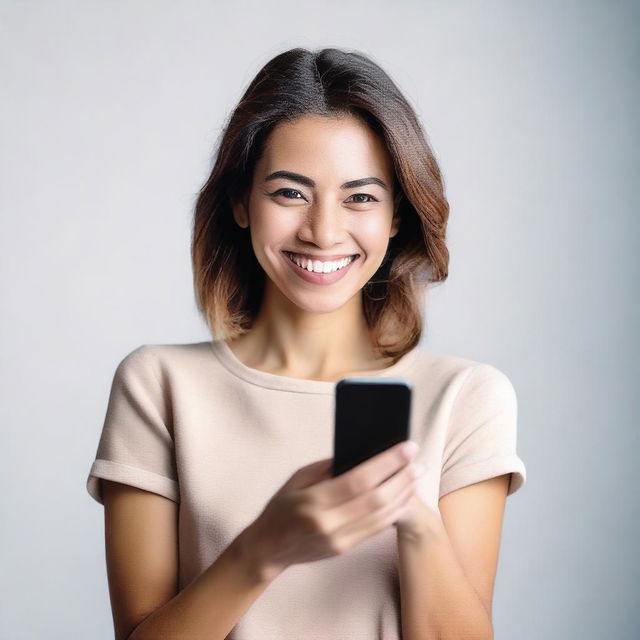 A woman holding a smartphone and showing it to the camera