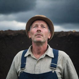 A weary farmer, dressed in traditional overalls and hat, crestfallen and trapped at the bottom of a deep, dark pit, looking upwards towards a tiny speck of sky with a longing expression.