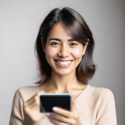 A woman holding a smartphone and showing it to the camera