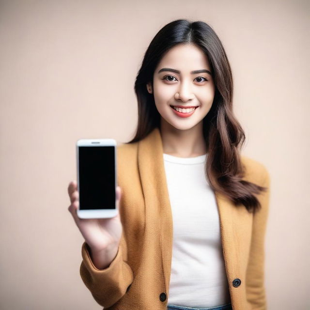 A young woman holding a smartphone and showing it to the camera