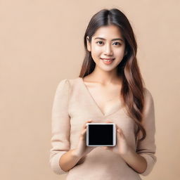 A young woman holding a smartphone and showing it to the camera